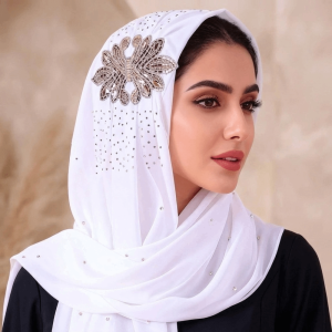 IUTRE Light Luxury Chiffon Hijab Shiny Rhinestone Flower Decor Head Wrap Turban Sparkling Solid Color Long Scarf Daily Wear