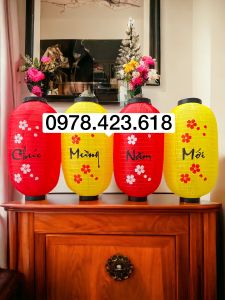 Bộ 4 Đèn lồng Chúc mừng năm mới - Kính Chào Quý Khách trang trí Tết khai trương nhà hàng khu du lịch quán cà phê nhà cửa