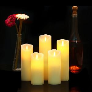 Set of 5 Flameless Candles Battery Operated Diameter 5.3cm Real Wax Pillars & Moving Flame Wick LED Candles and 10-Key Remote Control with Timer Function 300+ Hours Ivory