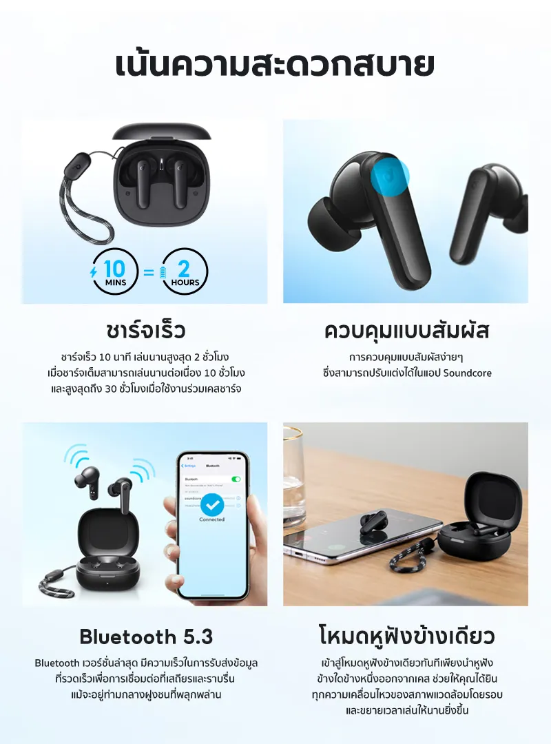Soundcore R50i /R50i NC (P30i) หูฟังบลูทูธ สายหูฟังไร BassUp หูฟังไร้สาย บลูทูธ 5.3 EQ และกันน้ําระดับ IPX5, Game Mode