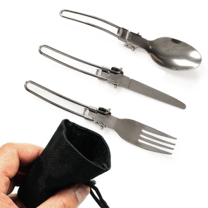 【COD】 3in1 stainless steel portable cutlery cutlery three-piece folding handle out camping tableware Outdoor Camping / Hiking Stainless Tableware Set 3Pcs Outdoor Folding tTableware Stainless Steel Cutlery with Storage Bag Travel Camping