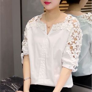 Korean Top Women Lace Summer Lace Hollow Out Casual Blouse Oversized Shirt Office Tops