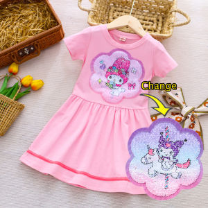 3-8 Tahun Gadis Katun Murni Gaun Payet Berubah Warna Elastisitas Tinggi Cetakan Girl Kartun Kuromi