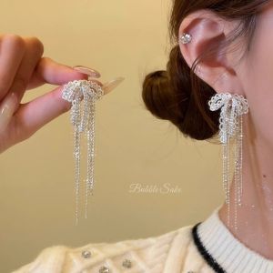 LONGB Tassel Detail Lace Ribbon Earrings Ribbon Bow Zircon Stone Bowknot Tassel Earrings Retro Retro Style Zircon Earrings For Women For Women