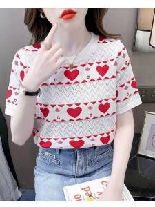 เสื้อยืดผ้าไหมน้ำแข็งสำหรับผู้หญิงเสื้อผู้หญิงแจ็คการ์ดผ้าไอซ์ซิลค์ถักแฟชั่นหวานแหววววว