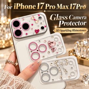 NEXTYOO HD rõ nét Miếng dán bảo vệ camera bằng kính. Trái tim 3D đính  cương Bao phủ toàn bộ Nắp bảo vệ ống kính máy ảnh.  Chống sốc Phim bảo vệ ống kính Cho iPhone 17 Pro Max 17 Pro