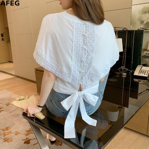 AFEG new Korean style bowknot fashion loose wild lace short-sleeved blouse for women