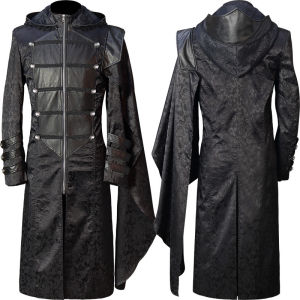 10000 Christmas European and American Mens Steam R Uniform Stand Collar Black Leather Punk Gothic Cape Coat