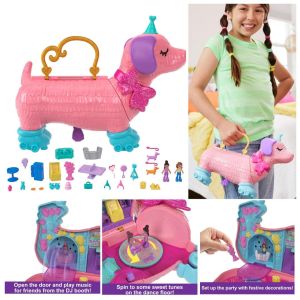 POLLY POCKET Dog Party - Roller Skate Birthday Party 2 Dolls 26 Accessories DJ Stand Roller Skating Rink Dance Floor Carry Handle