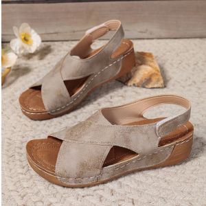 [Free Shipping] Summer New Fish-Mouth Plus-Size Velcro-Closure Wedge-Heeled Platform-Soled Color-Blocked Roman-Style Retro Beach Sandals For Women