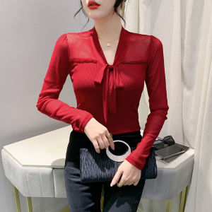YIMEI Korean Fashion Bow Tie Up Shirt 2023 Autumn New Long sleeved Womens T-shirt Versatile Slim Fit Nail Bead Mesh Bottom Top