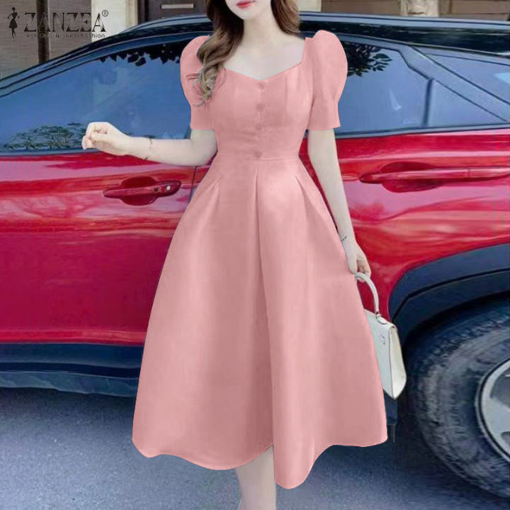ZANZEA Korean Style Women New Fashion Short Sleeve V-Neck Dresses A-Line  Midi Plain Dress #0512 | Lazada