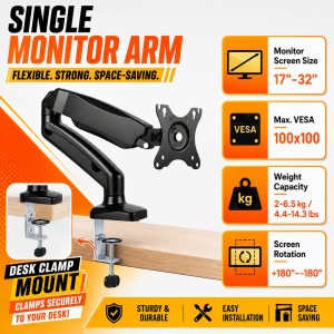 UNA Single monitor arm and Riser desk mount monitor table stand adjustable gas spring clamp for screen pc laptop sturdy space saving organizer
