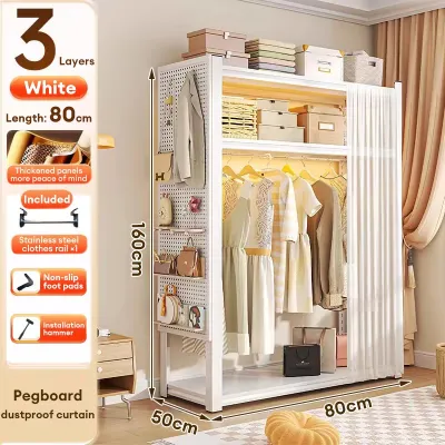 MOD Screwless DIY Adjustable Height Wardrobe Rack | Multifunction Open Closet Clothes Organizer | Storage Shelf Organizer with Curtain | Open Wardrobe