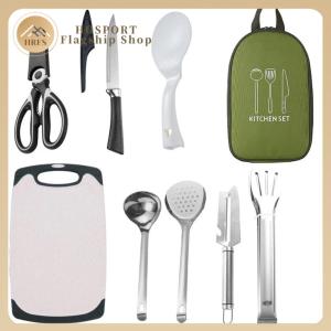 【HRFS】 8 Pcs Camping Cookware Utensils Travel Set Stainless Steel Camping Cooking Set Portable Outdoor Camp Cookware Set Camping Gear