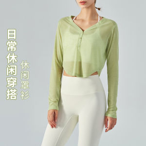 YueJi Sport Shirt for Women Long Sleeve Loose V Neck Button Summer Thin Arc Hem Yoga Tops Overall