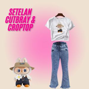 SETELAN CUTBRAY JEANS RAWIS DAN CROPTOP LABUBU ANAK PEREMPUAN