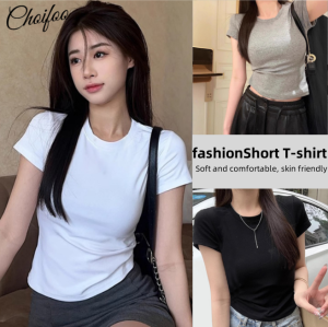 ChoiFoo เสื้อยืดผู้หญิงเสื้อเอวลอยเย็นและระบายอากาศได้ดีเสื้อยืดคอกลมสีทึบเรียบเข้ารูปพอดีเสื้อยืดเด็กผู้หญิงเผ็ดเสื้อยืดที่เป็นมิตรกับผิว