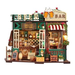 HOTOTO DIY Beer Bar 3D Desktop Decoration Assembly Required Wooden 3D Bookend Model Miniature With Furniture Handmade House Model For Bookshelf Decoration