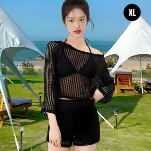 FASHLOVER Hollow-out Smock Bikini Women Solid Color Swimsuit Beach Set Vacation