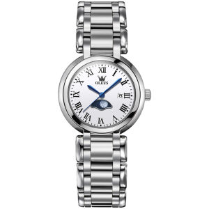 OLEVS 5573 Women Quartz Fashion Watch Gift Round-dial Stainless Steel Watchband Wristwatch Moon Phase