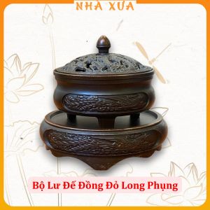 Lư Đồng Xông Trầm Kèm Đế Kê Họa Tiết Long Phụng Sum Vầy Hai Mặt Màu Đồng Đỏ Nhà Xưa