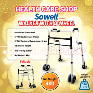 Sowell Aluminium Walker with Seat / 8 Wheels | Foldable Adjustable Height Multi-Functional Walking Aid