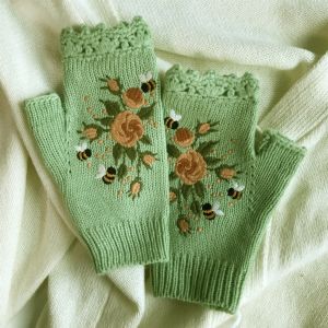GENENIC Cổ điển Găng tay đan thêu Hoa Ong Găng tay không ngón Dễ thương Phong cách Hàn Quốc Găng tay len mùa đông Các cô gái