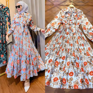 Women Muslim Kaftans Dress Middle East Muslimah Printed Long Dress Casual Long Sleeve Ruffle Hem Dress Hawaiian Vacation Abaya Dress