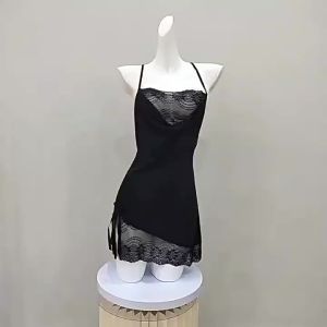 Bộ đồ mặc nhà nữ cỡ lớn váy ngủ hai dây lụa băng phối ren xẻ tà gợi cảm quyến rũ kèm áo choàng hỗ trợ dropship.