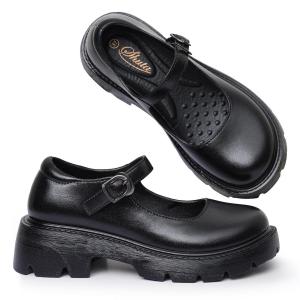 New Womens Black Shoes Fashionable Trendy Student 5CM Thick Sole Waterproof Non-Slip Rubber Work High-Quality Korean Style Round Toe Blackshoes 0145523