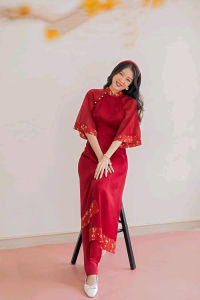 ÁO DÀI CÁCH TÂN NỮ THIẾT KẾ TAY PHỐI TƠ HOA NHÍ ĐÍNH NGỌC - ÁO DÀI TRUYỀN THỐNG MAY SẴN MÀU ĐỎ- ÁO DÀI NỮ SINH