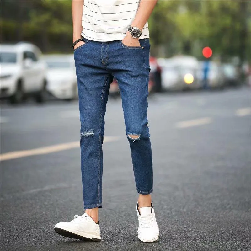 READY STOCK】Men's Skinny Jeans Ripped Korean Simple Denim Pants