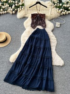 Women Summer Halter Cami High Waist Cake Skirt Lace Spliced A-Line Midi Skirt Two-Piece Set H260729