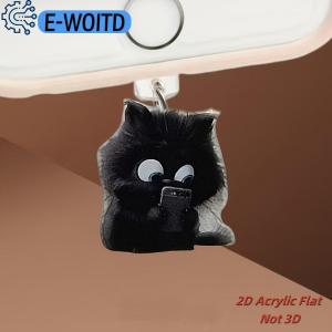 E-WOITD 1ชิ้น2D อะคริลิคจี้แบนน่ารักสีดำโทรศัพท์แมวปลั๊กกันฝุ่นพวงกุญแจสำหรับโทรศัพท์ Type-C อินเตอร์เฟซของตกแต่งปลั๊กฝุ่น