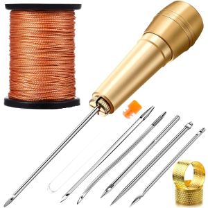 HUNIU HOUSE 1Set Kim Khâu Dụng cụ may da thủ công Có tay cầm bằng đồng Thủ công tự làm Bộ dụng cụ may da tự làm Dùi đa kim Móc thẳng Kim may Thon bằng da Sửa giày và da