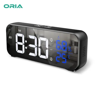【Thriving】 ORIA LED Mirror Alarm Clock Rechargeable Digital Music Clock Desk Clock With Adjustable Brightness DST Function 12/24H Format for bedroom home