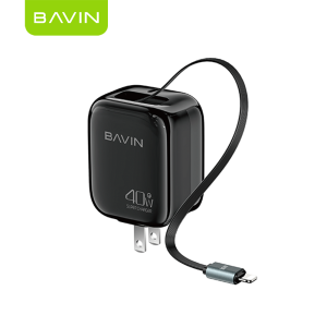 BAVIN PC2020 40W PD Fast Charging AC Adapter w/ Built in Retractable 70cm iPh Cable & Type-C Port