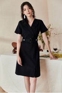 Đầm đấp chéo giả vest tay dài đai eo trang trọng