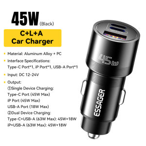 Essager PD 45W Car Charger Type-C+L+A Ports Smart Reverse Charging 27W Fast Charging Safe Protection Car Charger for iPhone