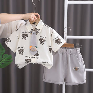 Summer baby boy suits bear tie short-sleeved shirt shorts little boy casual fashion polo shirt baby clothes two-piece set