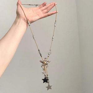 Long Silver Star Tassel Necklace Zinc Alloy Woven Leather Rope Sweet Cool Choker Jewelry Womens Jewelry