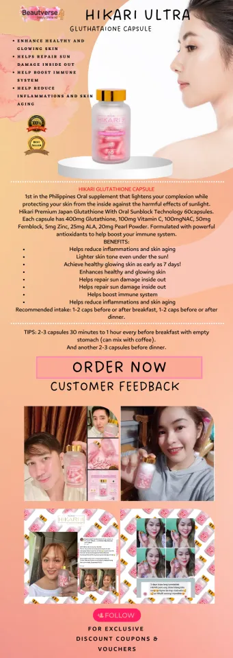 hikari glutathione benefits Glutathione With Oral Sunblock and Photoprotection 60capsules Hikari Ultra Premium Japan - Antioxidant Immune System Boost Nac Ala Zinc Vitamin C Supplement - Lazada