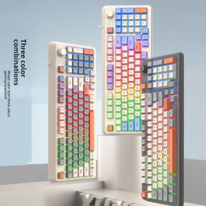 CALLIVEN Mechanical Feel Wired RGB Light Keyboard Adjustable Volume Independent Knob 94 Key RGB Keyboard Mechanical Touch Keyboard Portable K82 Wired Keyboard Computer Peripherals