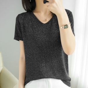 Cửa Hàng LUCKIN Cỡ Lỡn V-cổ Áo Phông Ngắn Tay Nữ Mùa Hè Dệt Kim Dáng Thụng Mới Áo Mặc Lót Cho Nữ Áo Màu Trơn