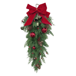 FLEURS Teardrop Shape Christmas Swag Flexible Bendable With Bells Artificial Pine Garland New Year Decoration With Pine Cones Teardrop Wreath Door Hanging