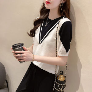 LUCKIN STORE Women Stripe Blouses Tops Womens Ice Silk Retro Short Sleeve Summer New Loose Blouse Round Neck Blouse Summer T-Shirts