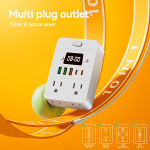 CHIEFWAY 10-IN-1 Surge Protection Power Strip with Digital Clock Fast Charging USB Ports (including 2 Type C) Portable Wall Charger for HomeOfficeTravel