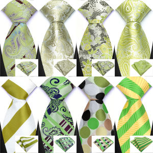 Fashion Men 8CM Tie Green Solid Paisley Floral Stripes Necktie Handkerchief Set for Man Wedding Business Party Gift