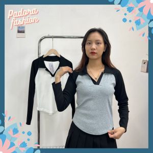 Áo thun nữ dài tayáo kiểu vạt bầu dài tay cổ bẻ phối màu chất tăm co giãn Padora-A197
